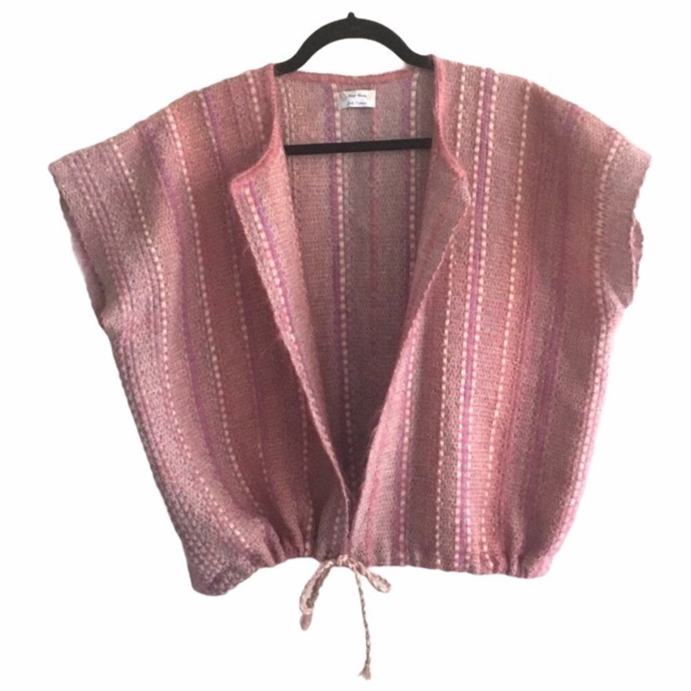 HAND KNIT Vintage Woven Oversized Sleeveless Cardigan Tie Waist Pink O/S